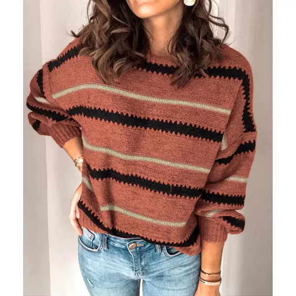 imagePRETTYGARDEN Womens Fashion Long Sleeve Striped Color Block Knitted Sweater Crew Neck Loose Pullover Jumper TopsNarrow Striped Brick Red