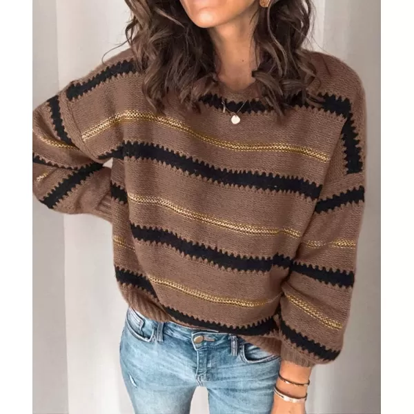 imagePRETTYGARDEN Womens Fashion Long Sleeve Striped Color Block Knitted Sweater Crew Neck Loose Pullover Jumper TopsNarrow Striped Brown
