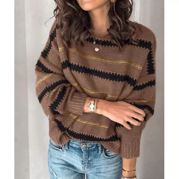 imagePRETTYGARDEN Womens Fashion Long Sleeve Striped Color Block Knitted Sweater Crew Neck Loose Pullover Jumper TopsNarrow Striped Brown