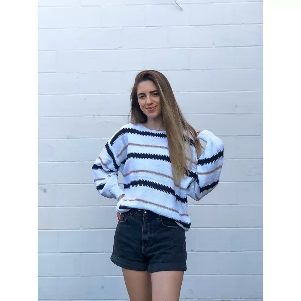imagePRETTYGARDEN Womens Fashion Long Sleeve Striped Color Block Knitted Sweater Crew Neck Loose Pullover Jumper TopsNarrow Striped White