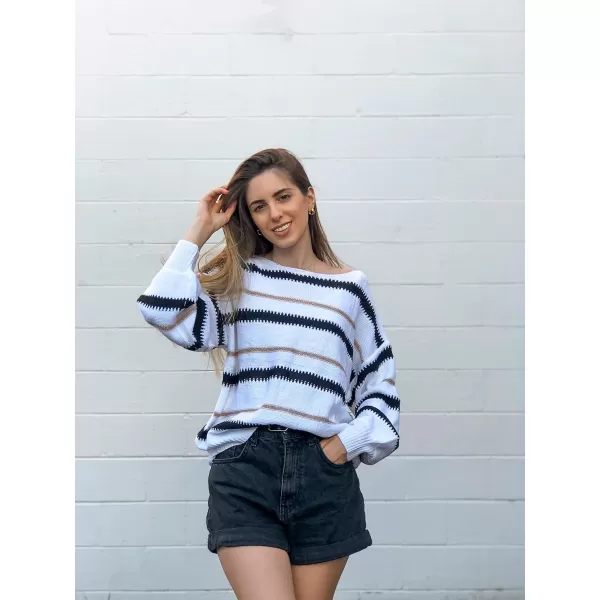 imagePRETTYGARDEN Womens Fashion Long Sleeve Striped Color Block Knitted Sweater Crew Neck Loose Pullover Jumper TopsNarrow Striped White