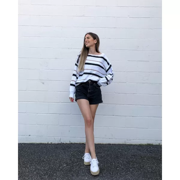 imagePRETTYGARDEN Womens Fashion Long Sleeve Striped Color Block Knitted Sweater Crew Neck Loose Pullover Jumper TopsNarrow Striped White
