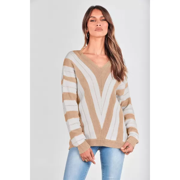 imagePRETTYGARDEN Womens Fashion Long Sleeve Striped Color Block Knitted Sweater Crew Neck Loose Pullover Jumper TopsStriped Beige