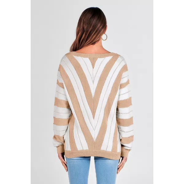 imagePRETTYGARDEN Womens Fashion Long Sleeve Striped Color Block Knitted Sweater Crew Neck Loose Pullover Jumper TopsStriped Beige