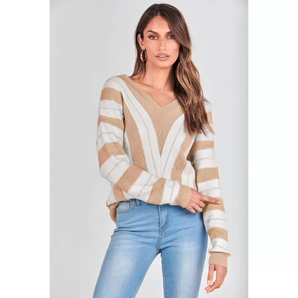 imagePRETTYGARDEN Womens Fashion Long Sleeve Striped Color Block Knitted Sweater Crew Neck Loose Pullover Jumper TopsStriped Beige