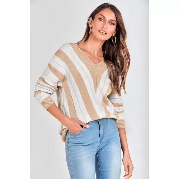 imagePRETTYGARDEN Womens Fashion Long Sleeve Striped Color Block Knitted Sweater Crew Neck Loose Pullover Jumper TopsStriped Beige