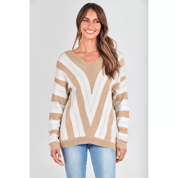 imagePRETTYGARDEN Womens Fashion Long Sleeve Striped Color Block Knitted Sweater Crew Neck Loose Pullover Jumper TopsStriped Beige