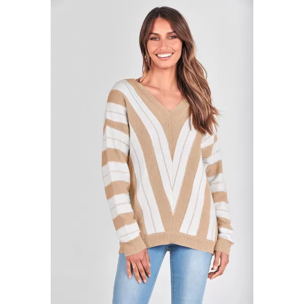 imagePRETTYGARDEN Womens Fashion Long Sleeve Striped Color Block Knitted Sweater Crew Neck Loose Pullover Jumper TopsStriped Beige