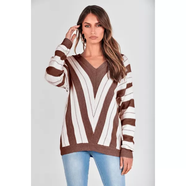 imagePRETTYGARDEN Womens Fashion Long Sleeve Striped Color Block Knitted Sweater Crew Neck Loose Pullover Jumper TopsStriped Brown