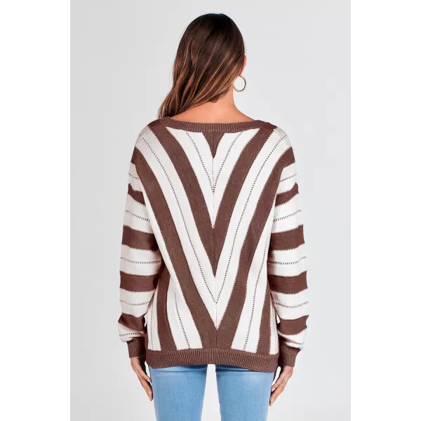 imagePRETTYGARDEN Womens Fashion Long Sleeve Striped Color Block Knitted Sweater Crew Neck Loose Pullover Jumper TopsStriped Brown