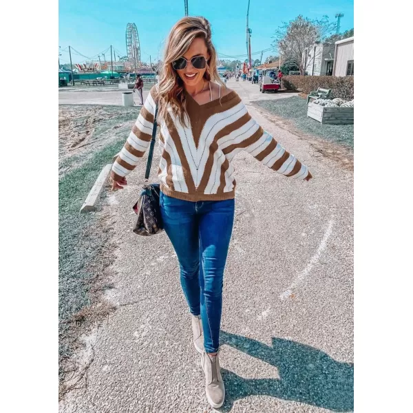 imagePRETTYGARDEN Womens Fashion Long Sleeve Striped Color Block Knitted Sweater Crew Neck Loose Pullover Jumper TopsStriped Coffee