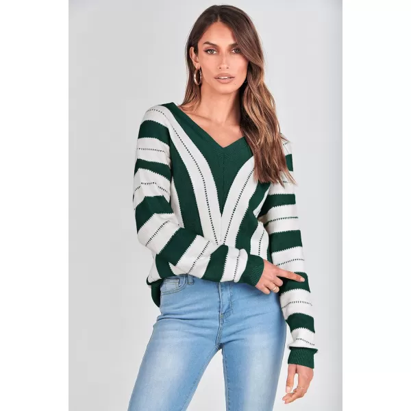 imagePRETTYGARDEN Womens Fashion Long Sleeve Striped Color Block Knitted Sweater Crew Neck Loose Pullover Jumper TopsStriped Dark Green
