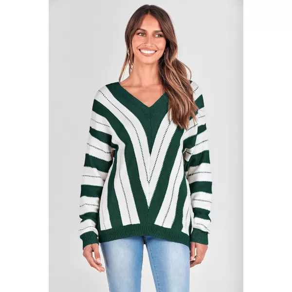 imagePRETTYGARDEN Womens Fashion Long Sleeve Striped Color Block Knitted Sweater Crew Neck Loose Pullover Jumper TopsStriped Dark Green