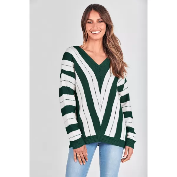 imagePRETTYGARDEN Womens Fashion Long Sleeve Striped Color Block Knitted Sweater Crew Neck Loose Pullover Jumper TopsStriped Dark Green