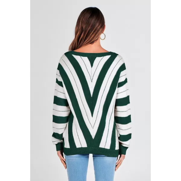 imagePRETTYGARDEN Womens Fashion Long Sleeve Striped Color Block Knitted Sweater Crew Neck Loose Pullover Jumper TopsStriped Dark Green