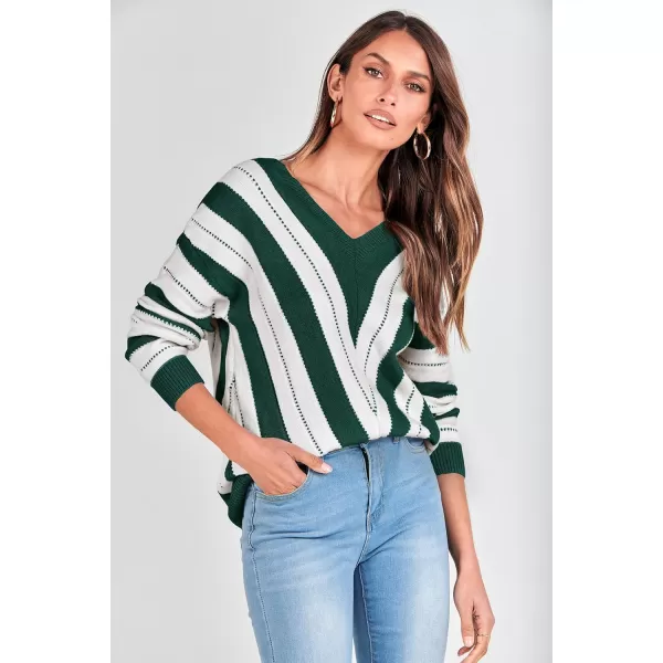 imagePRETTYGARDEN Womens Fashion Long Sleeve Striped Color Block Knitted Sweater Crew Neck Loose Pullover Jumper TopsStriped Dark Green