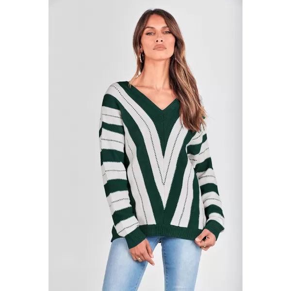 imagePRETTYGARDEN Womens Fashion Long Sleeve Striped Color Block Knitted Sweater Crew Neck Loose Pullover Jumper TopsStriped Dark Green