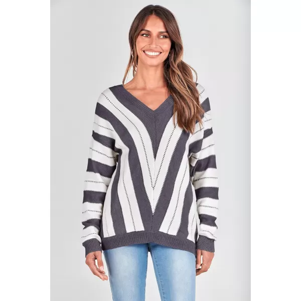 imagePRETTYGARDEN Womens Fashion Long Sleeve Striped Color Block Knitted Sweater Crew Neck Loose Pullover Jumper TopsStriped Dark Grey