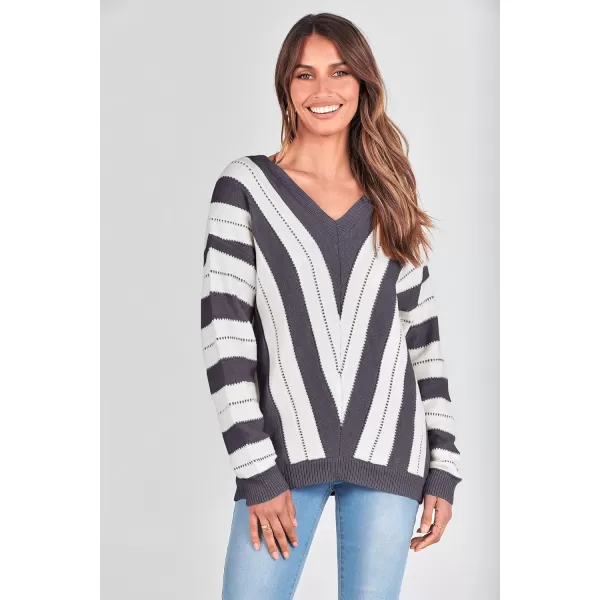 imagePRETTYGARDEN Womens Fashion Long Sleeve Striped Color Block Knitted Sweater Crew Neck Loose Pullover Jumper TopsStriped Dark Grey