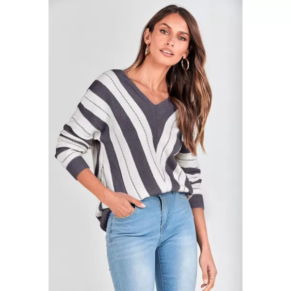 imagePRETTYGARDEN Womens Fashion Long Sleeve Striped Color Block Knitted Sweater Crew Neck Loose Pullover Jumper TopsStriped Dark Grey