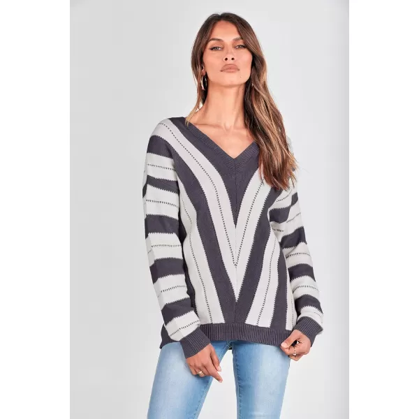 imagePRETTYGARDEN Womens Fashion Long Sleeve Striped Color Block Knitted Sweater Crew Neck Loose Pullover Jumper TopsStriped Dark Grey