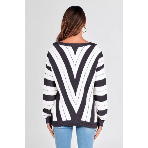 imagePRETTYGARDEN Womens Fashion Long Sleeve Striped Color Block Knitted Sweater Crew Neck Loose Pullover Jumper TopsStriped Dark Grey