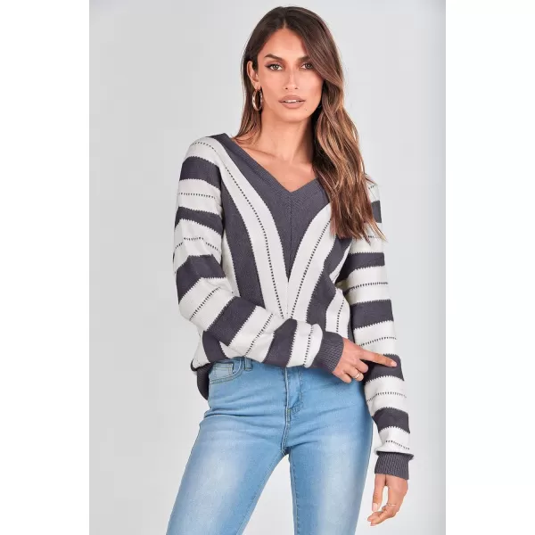 imagePRETTYGARDEN Womens Fashion Long Sleeve Striped Color Block Knitted Sweater Crew Neck Loose Pullover Jumper TopsStriped Dark Grey