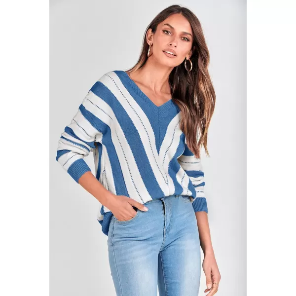 imagePRETTYGARDEN Womens Fashion Long Sleeve Striped Color Block Knitted Sweater Crew Neck Loose Pullover Jumper TopsStriped Dark Royal Blue