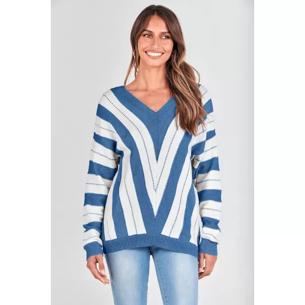 imagePRETTYGARDEN Womens Fashion Long Sleeve Striped Color Block Knitted Sweater Crew Neck Loose Pullover Jumper TopsStriped Dark Royal Blue