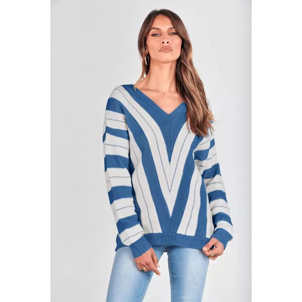 imagePRETTYGARDEN Womens Fashion Long Sleeve Striped Color Block Knitted Sweater Crew Neck Loose Pullover Jumper TopsStriped Dark Royal Blue