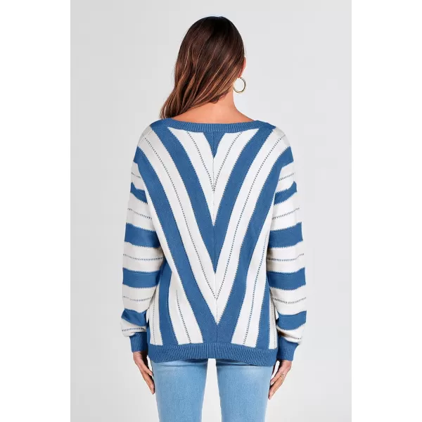 imagePRETTYGARDEN Womens Fashion Long Sleeve Striped Color Block Knitted Sweater Crew Neck Loose Pullover Jumper TopsStriped Dark Royal Blue