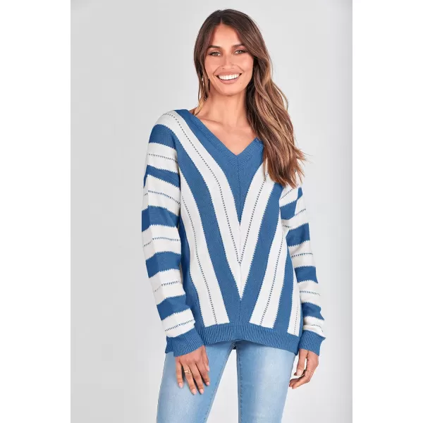 imagePRETTYGARDEN Womens Fashion Long Sleeve Striped Color Block Knitted Sweater Crew Neck Loose Pullover Jumper TopsStriped Dark Royal Blue