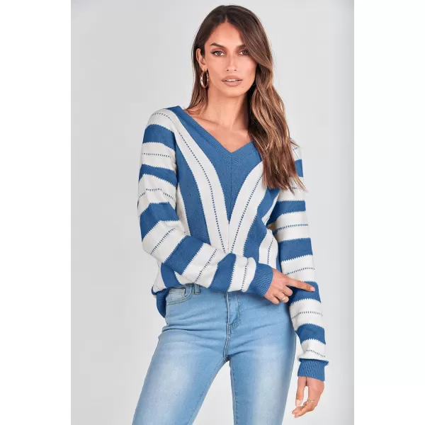 imagePRETTYGARDEN Womens Fashion Long Sleeve Striped Color Block Knitted Sweater Crew Neck Loose Pullover Jumper TopsStriped Dark Royal Blue