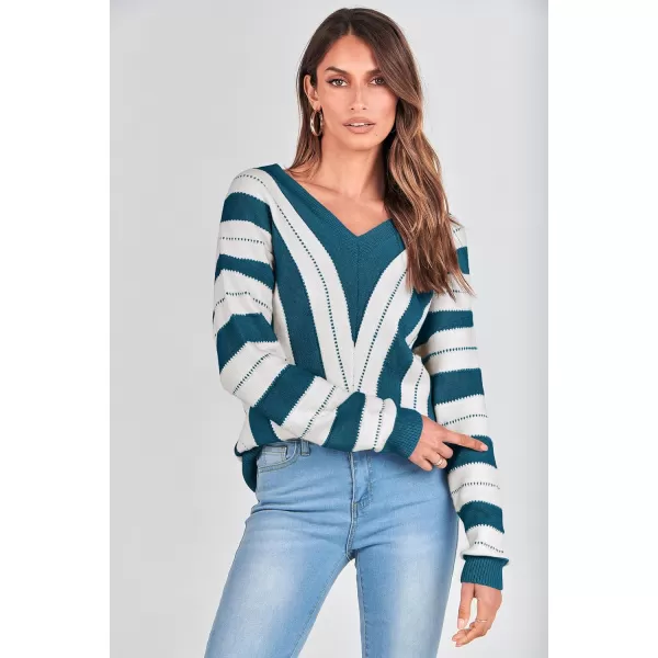 imagePRETTYGARDEN Womens Fashion Long Sleeve Striped Color Block Knitted Sweater Crew Neck Loose Pullover Jumper TopsStriped Denim Blue