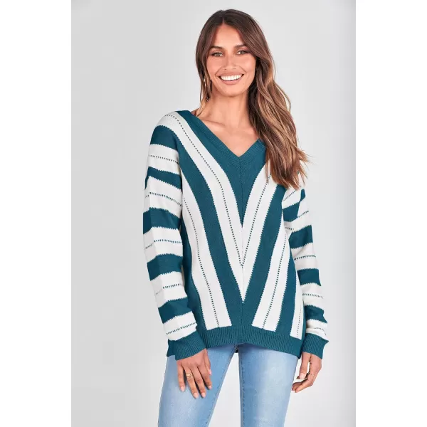 imagePRETTYGARDEN Womens Fashion Long Sleeve Striped Color Block Knitted Sweater Crew Neck Loose Pullover Jumper TopsStriped Denim Blue