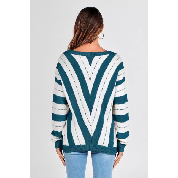 imagePRETTYGARDEN Womens Fashion Long Sleeve Striped Color Block Knitted Sweater Crew Neck Loose Pullover Jumper TopsStriped Denim Blue