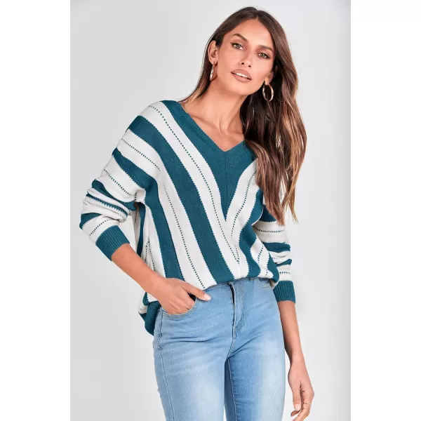 imagePRETTYGARDEN Womens Fashion Long Sleeve Striped Color Block Knitted Sweater Crew Neck Loose Pullover Jumper TopsStriped Denim Blue