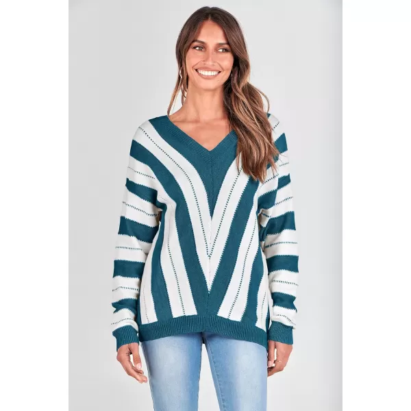 imagePRETTYGARDEN Womens Fashion Long Sleeve Striped Color Block Knitted Sweater Crew Neck Loose Pullover Jumper TopsStriped Denim Blue
