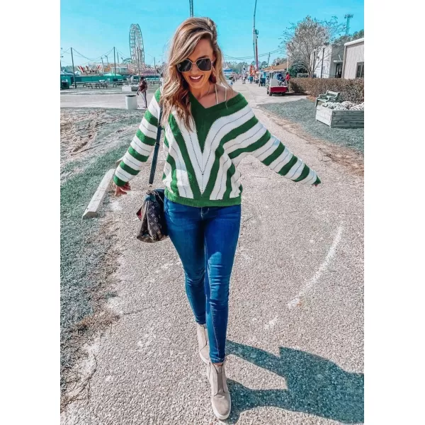 imagePRETTYGARDEN Womens Fashion Long Sleeve Striped Color Block Knitted Sweater Crew Neck Loose Pullover Jumper TopsStriped Green