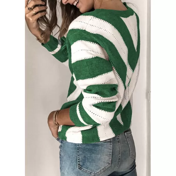 imagePRETTYGARDEN Womens Fashion Long Sleeve Striped Color Block Knitted Sweater Crew Neck Loose Pullover Jumper TopsStriped Green