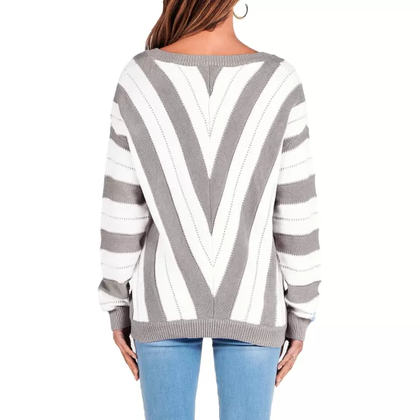 imagePRETTYGARDEN Womens Fashion Long Sleeve Striped Color Block Knitted Sweater Crew Neck Loose Pullover Jumper TopsStriped Grey