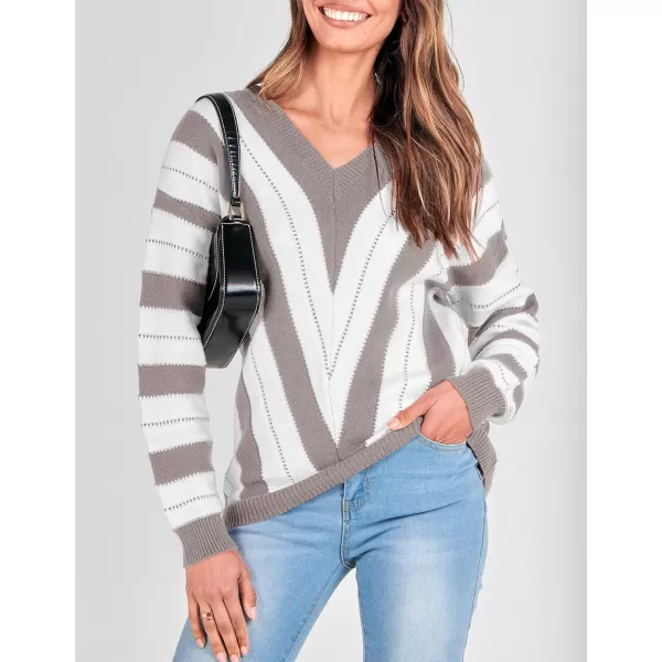 imagePRETTYGARDEN Womens Fashion Long Sleeve Striped Color Block Knitted Sweater Crew Neck Loose Pullover Jumper TopsStriped Grey