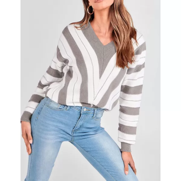 imagePRETTYGARDEN Womens Fashion Long Sleeve Striped Color Block Knitted Sweater Crew Neck Loose Pullover Jumper TopsStriped Grey