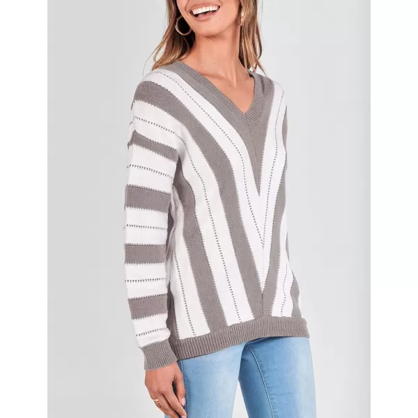 imagePRETTYGARDEN Womens Fashion Long Sleeve Striped Color Block Knitted Sweater Crew Neck Loose Pullover Jumper TopsStriped Grey