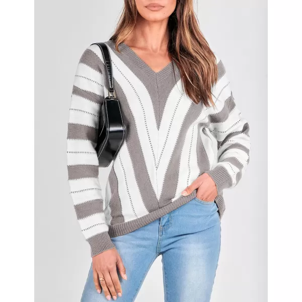 imagePRETTYGARDEN Womens Fashion Long Sleeve Striped Color Block Knitted Sweater Crew Neck Loose Pullover Jumper TopsStriped Grey