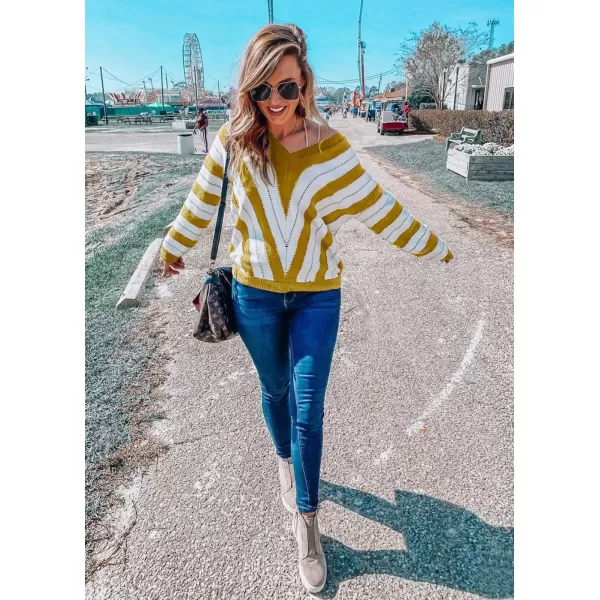 imagePRETTYGARDEN Womens Fashion Long Sleeve Striped Color Block Knitted Sweater Crew Neck Loose Pullover Jumper TopsStriped Mustard Yellow