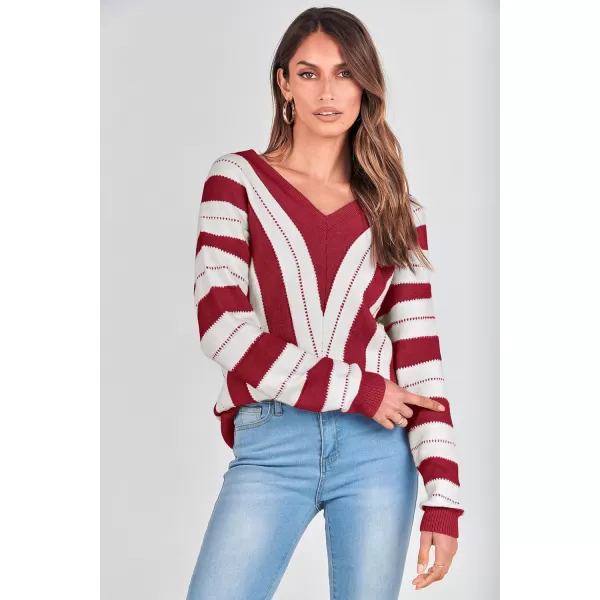 imagePRETTYGARDEN Womens Fashion Long Sleeve Striped Color Block Knitted Sweater Crew Neck Loose Pullover Jumper TopsStriped Red