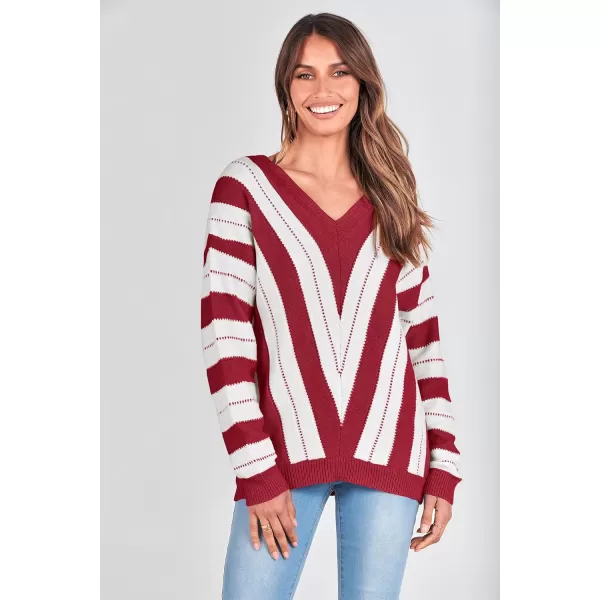 imagePRETTYGARDEN Womens Fashion Long Sleeve Striped Color Block Knitted Sweater Crew Neck Loose Pullover Jumper TopsStriped Red
