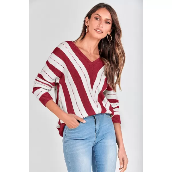 imagePRETTYGARDEN Womens Fashion Long Sleeve Striped Color Block Knitted Sweater Crew Neck Loose Pullover Jumper TopsStriped Red