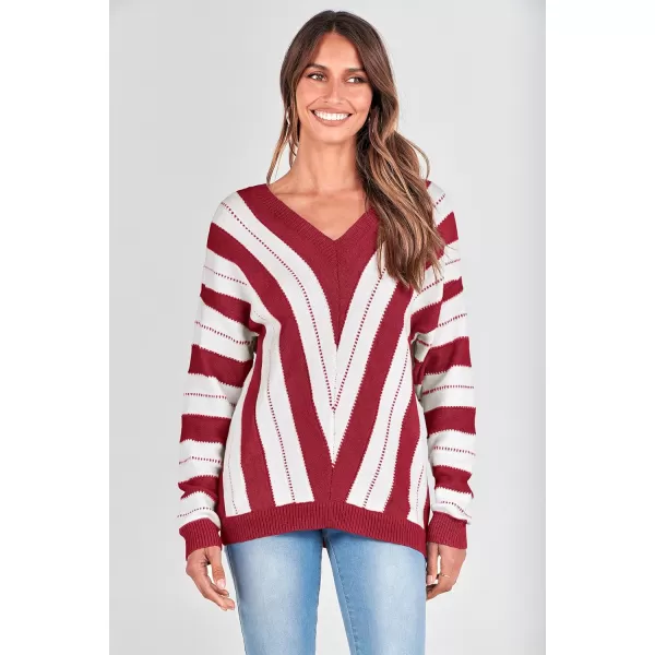 imagePRETTYGARDEN Womens Fashion Long Sleeve Striped Color Block Knitted Sweater Crew Neck Loose Pullover Jumper TopsStriped Red